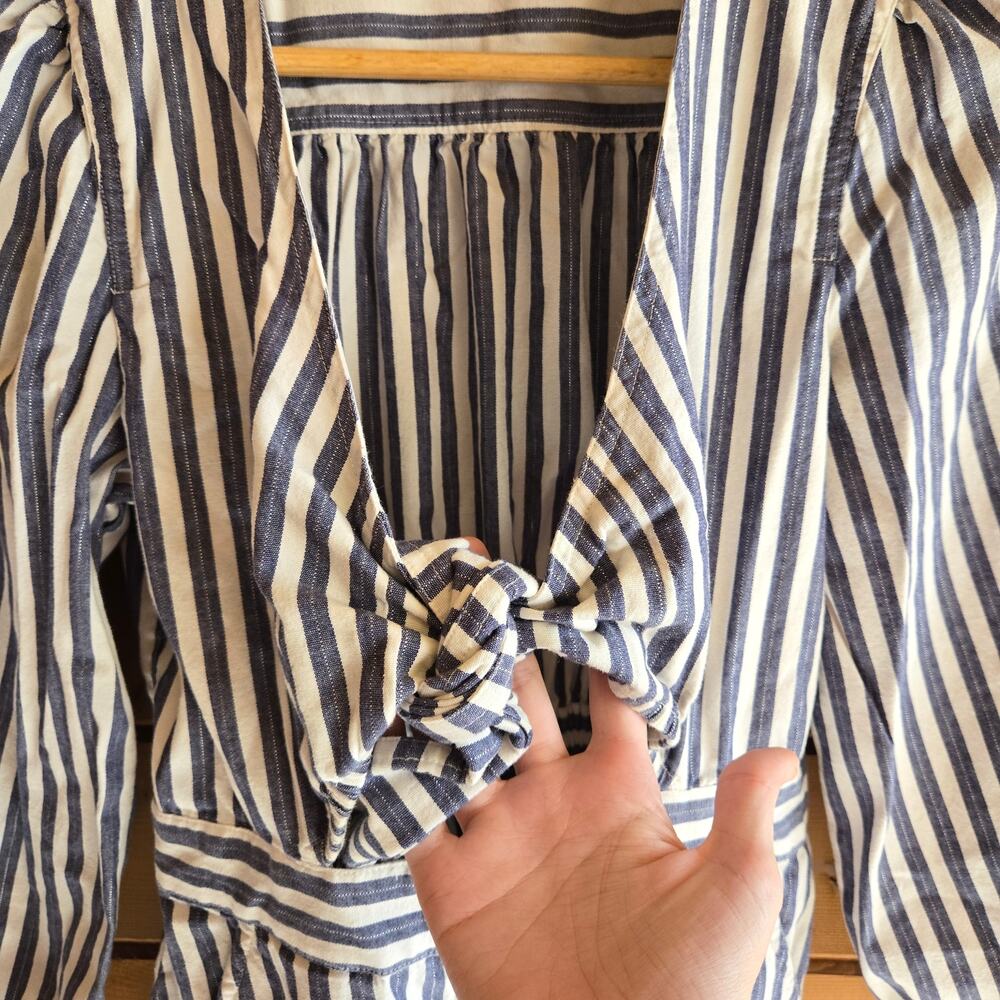 Madewell Dress Cutout Midi Shimmer Stripe Blue Boho Button Front Tie 6 Cottage - Picture 5 of 6